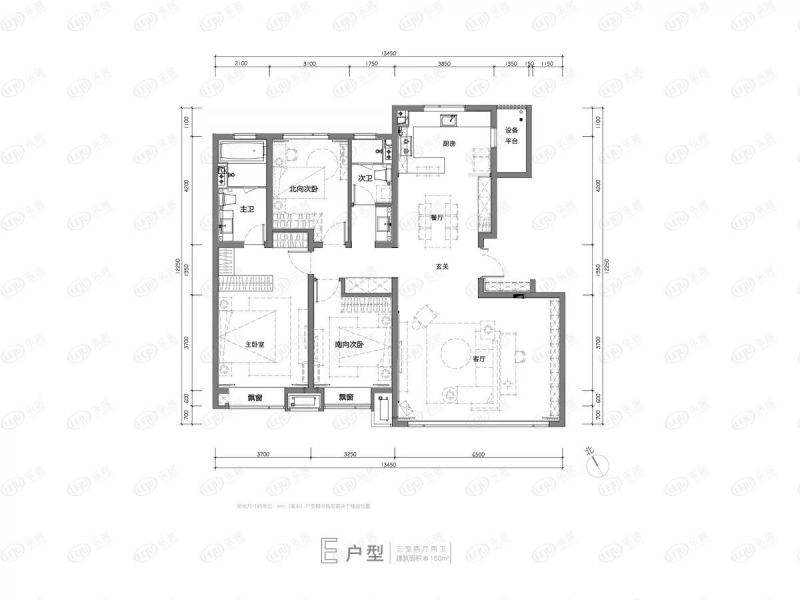 包頭裝修方案萬科中央公園三室兩廳兩衛(wèi)150平方米